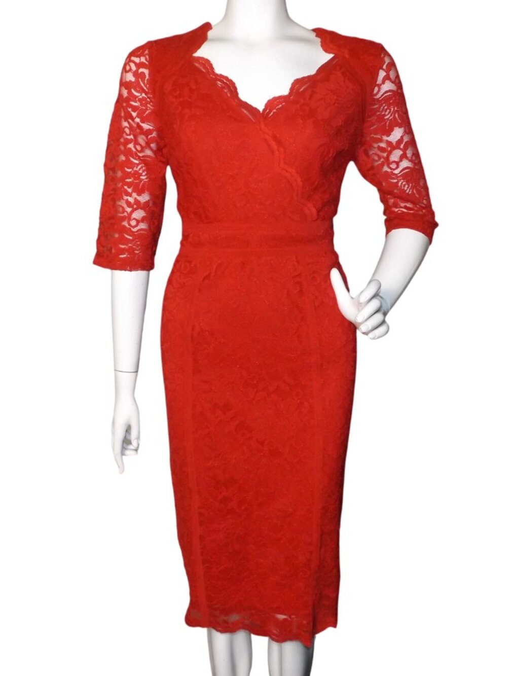 new THALIA SODI Dress, M, Red Lace, Scalloped trim, 3/4 sleeve, Macy's Go Red